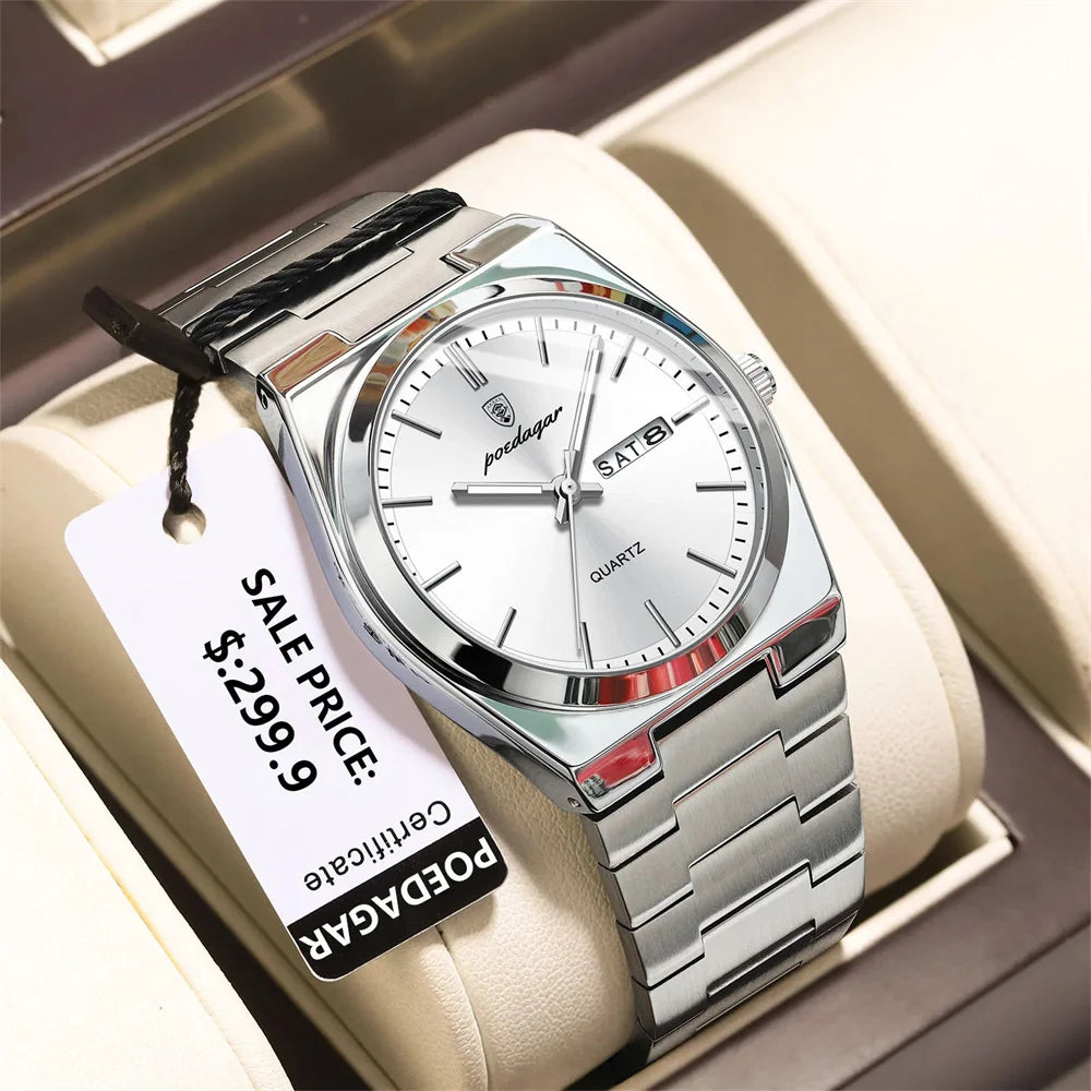 2026 Reloj de Cuarzo para Hombre, Deportivo, Resistente al Agua, Luminoso, con Fecha y Semana, Acero Inoxidable