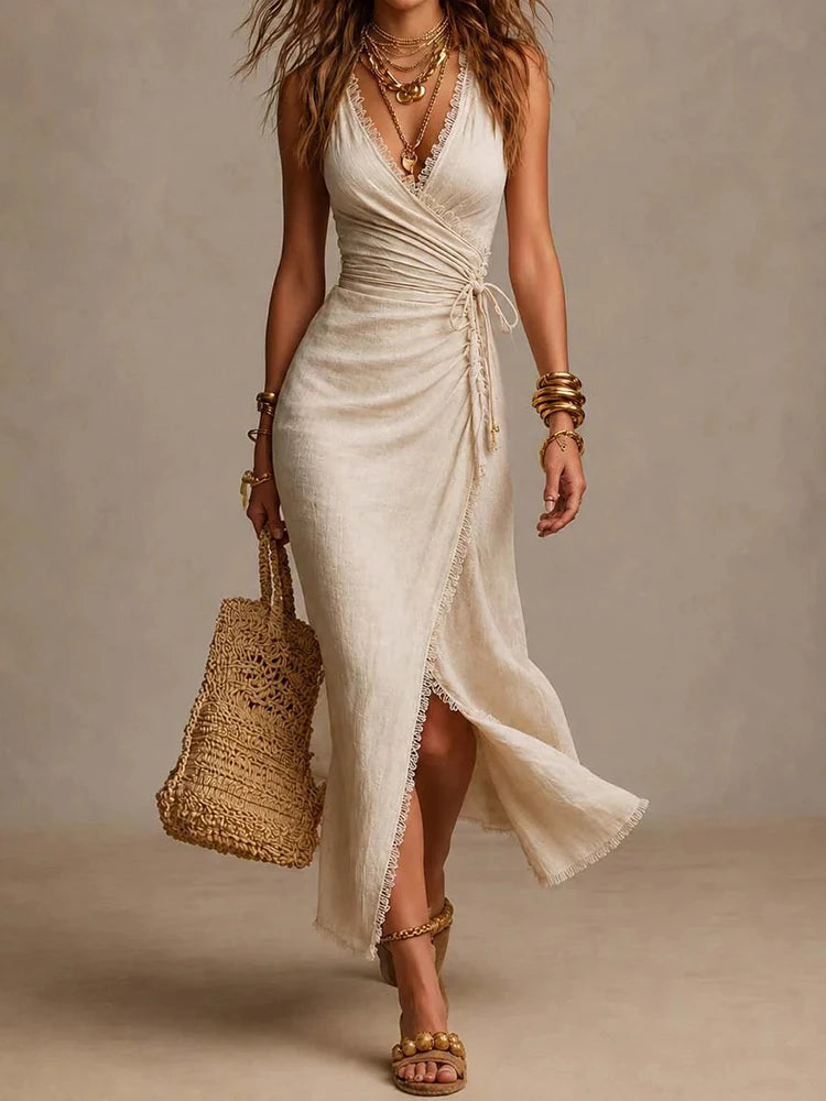 Vestido Sin Mangas con Escote en V Estilo Elegante Casual