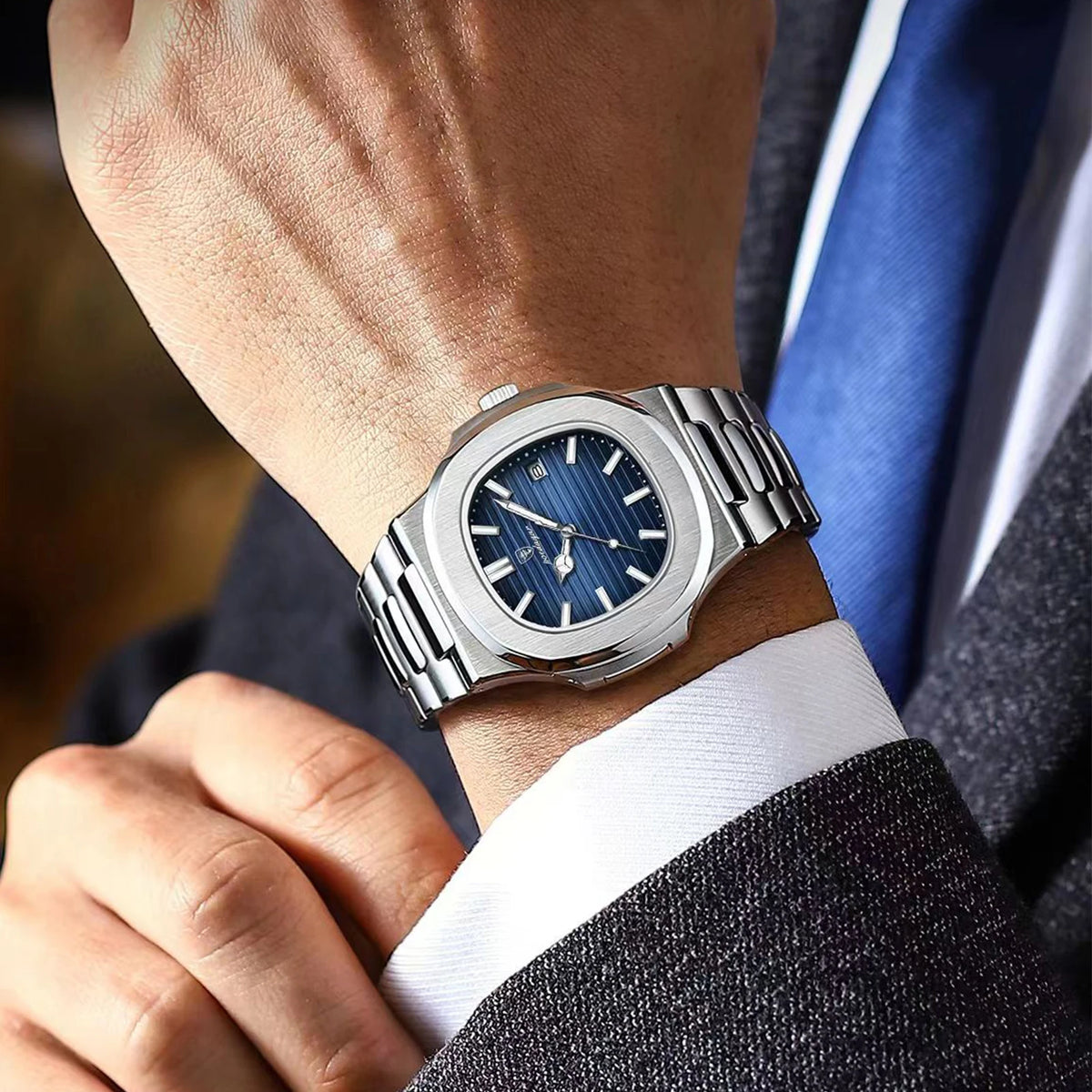 Reloj Masculino de Pulsera de Lujo Cuadrado Resistente al Agua, Luminoso, con Fecha.