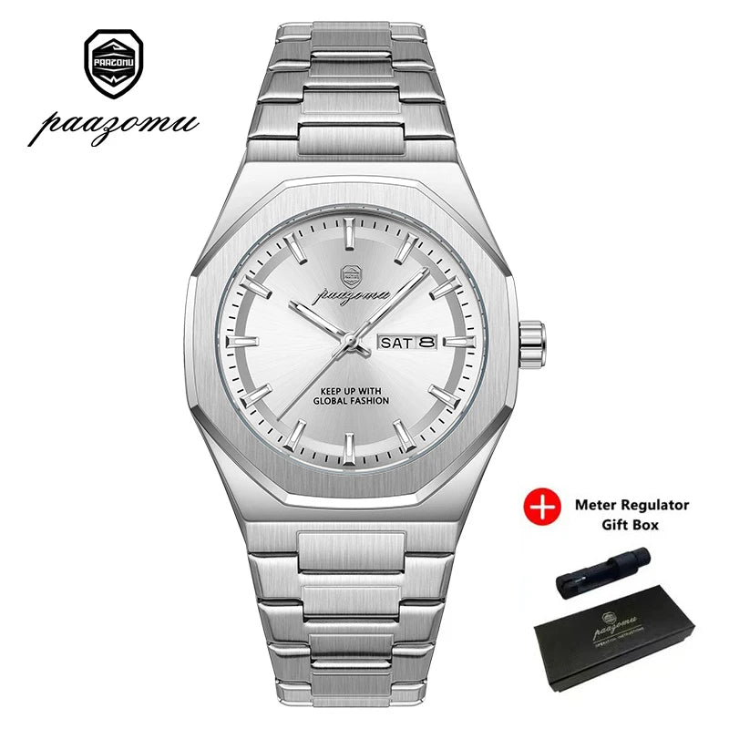 Reloj Acero Inoxidable, Luminoso, Fecha y Día, Resistente al Agua