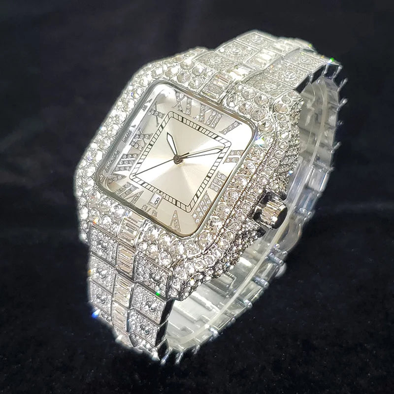 Reloj de Lujo con Diamantes para Hombre, Plateado,Resistente al Agua