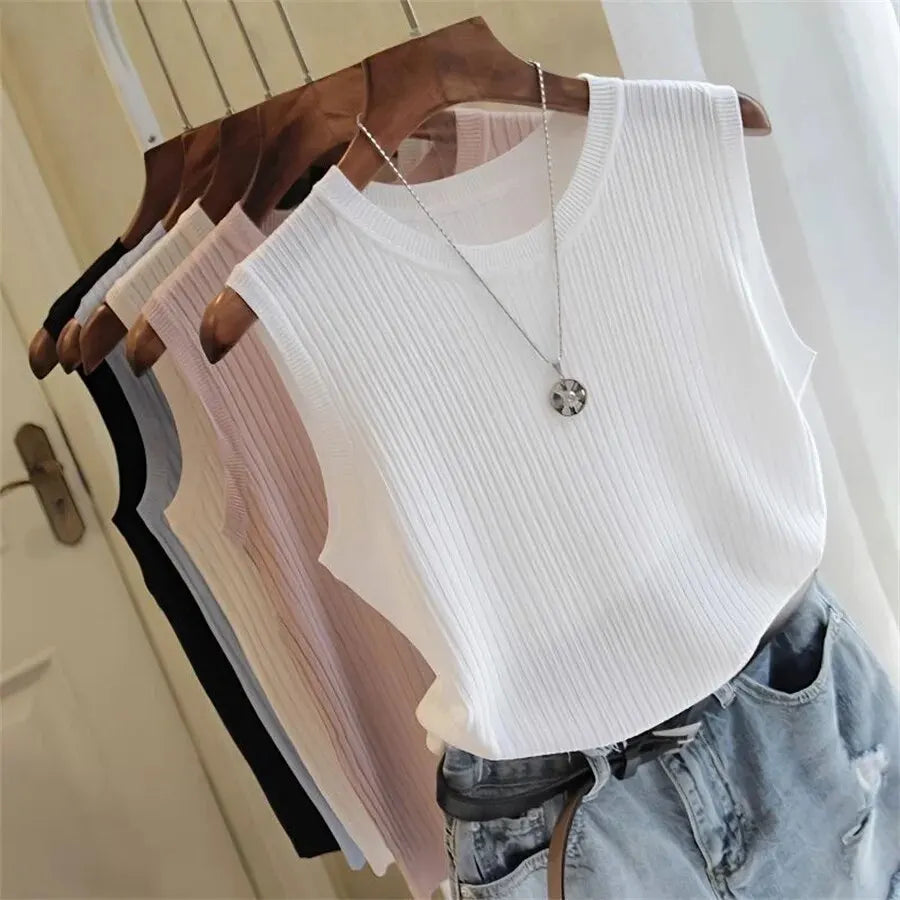 Top de Punto Sin Mangas con Cuello Redondo para Mujer