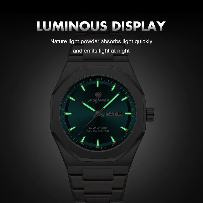 Reloj Acero Inoxidable, Luminoso, Fecha y Día, Resistente al Agua