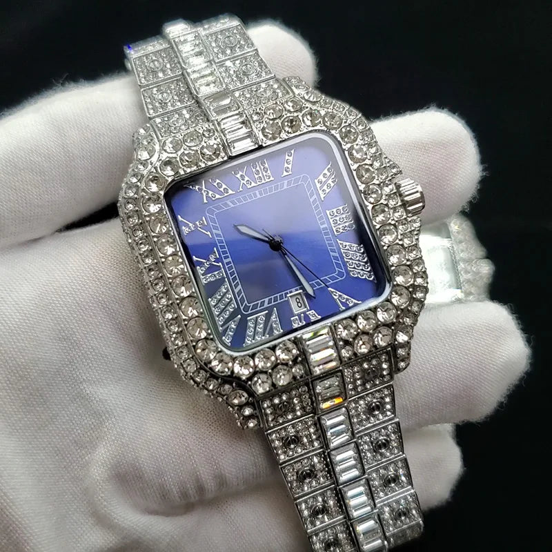 Reloj de Lujo con Diamantes para Hombre, Plateado,Resistente al Agua