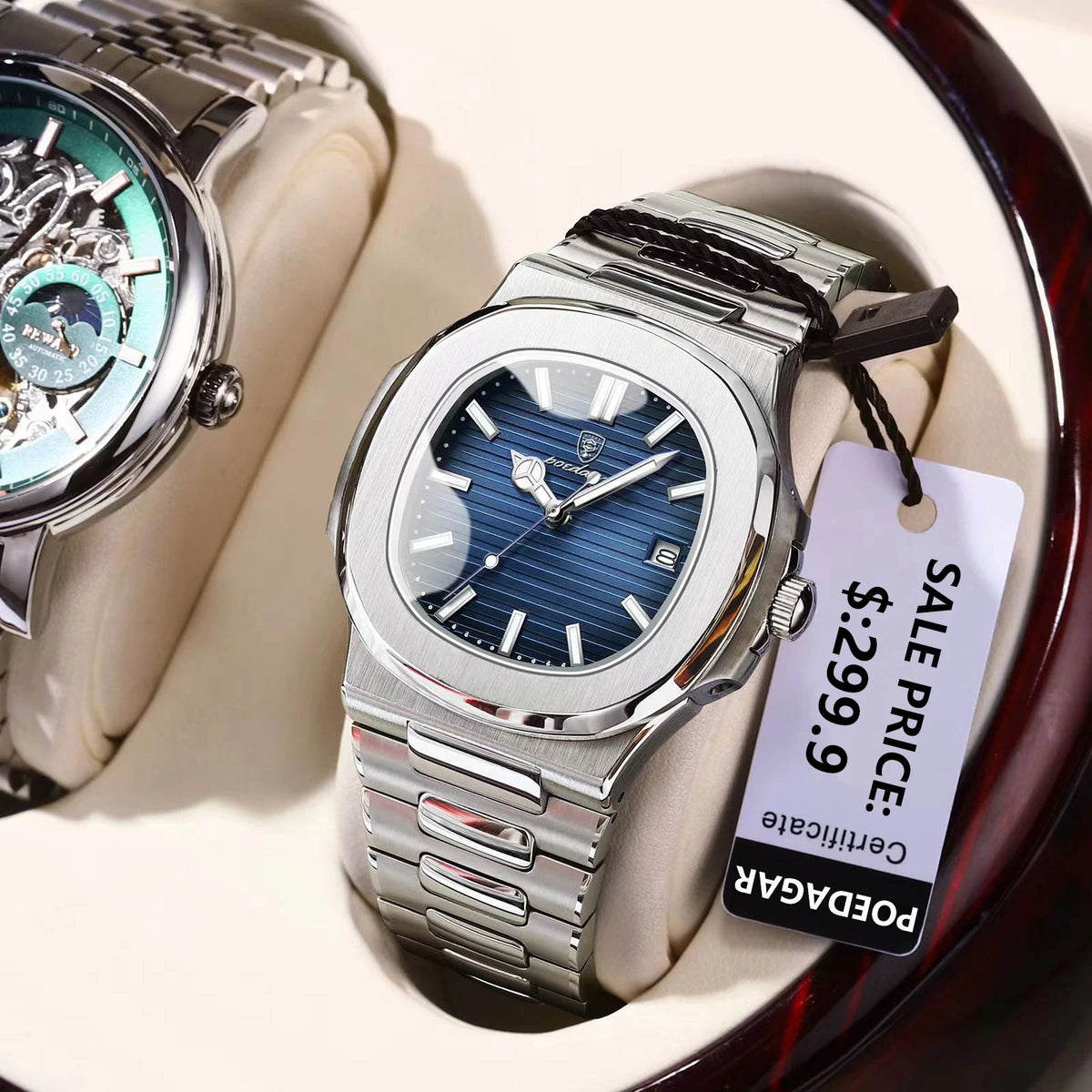 Reloj Masculino de Pulsera de Lujo Cuadrado Resistente al Agua, Luminoso, con Fecha.