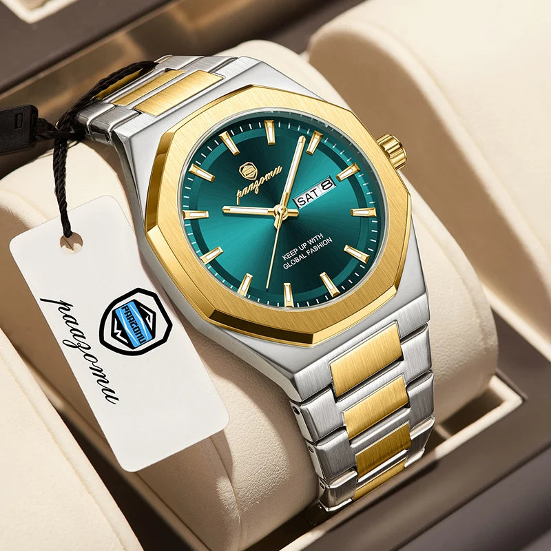Reloj Acero Inoxidable, Luminoso, Fecha y Día, Resistente al Agua