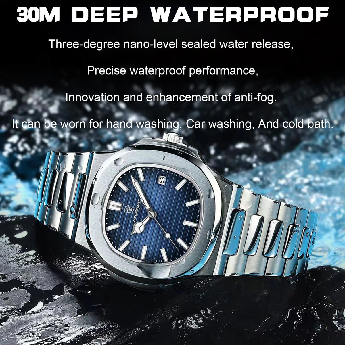 Reloj Masculino de Pulsera de Lujo Cuadrado Resistente al Agua, Luminoso, con Fecha.