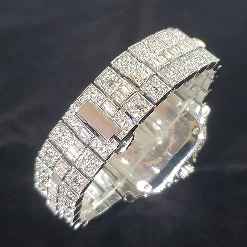 Reloj de Lujo con Diamantes para Hombre, Plateado,Resistente al Agua