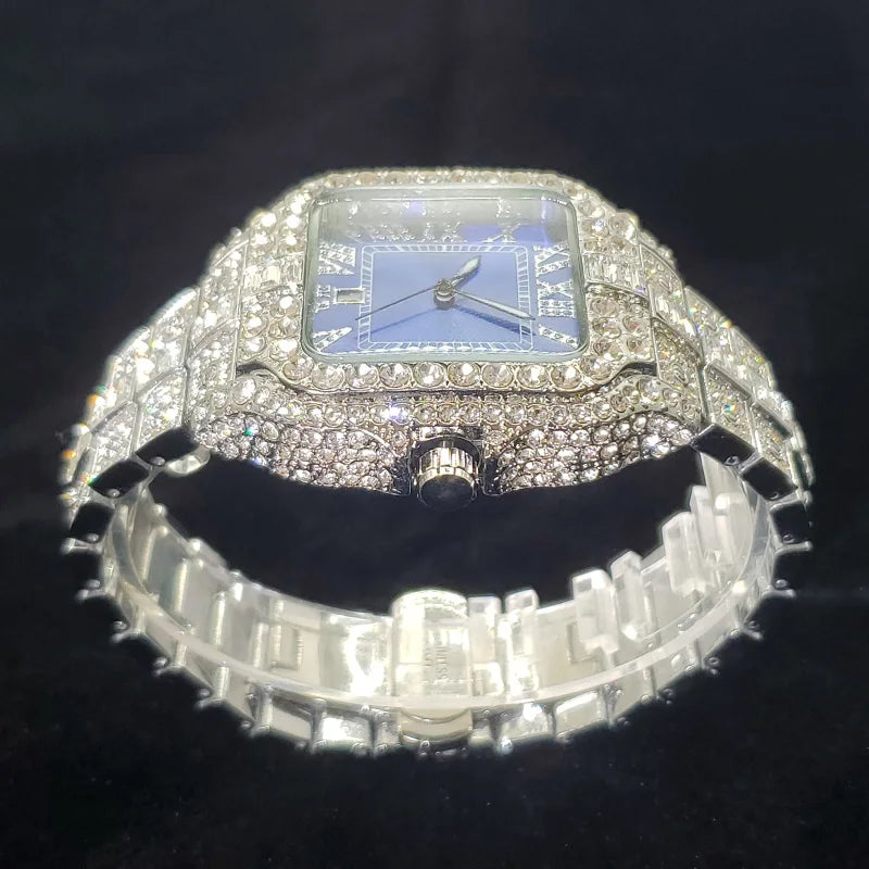 Reloj de Lujo con Diamantes para Hombre, Plateado,Resistente al Agua