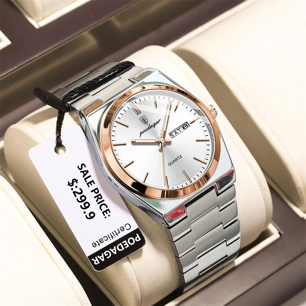 2026 Reloj de Cuarzo para Hombre, Deportivo, Resistente al Agua, Luminoso, con Fecha y Semana, Acero Inoxidable