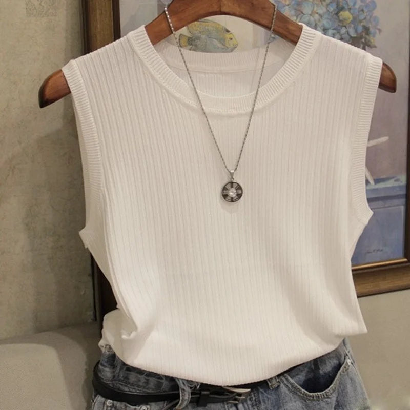 Top de Punto Sin Mangas con Cuello Redondo para Mujer