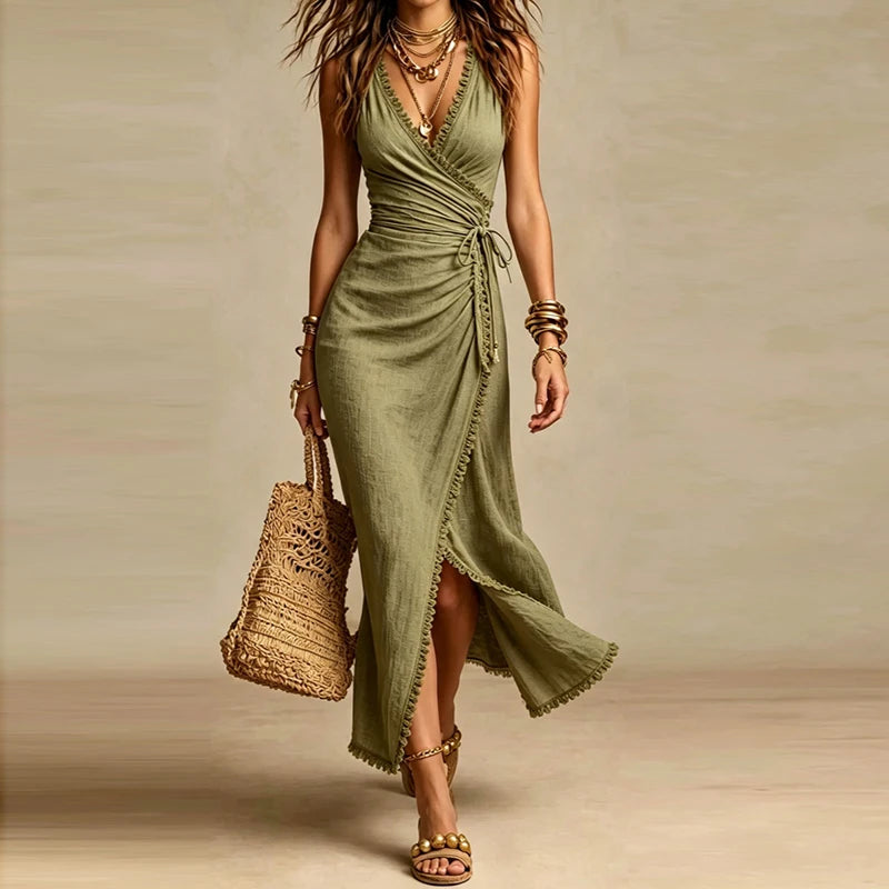 Vestido Sin Mangas con Escote en V Estilo Elegante Casual
