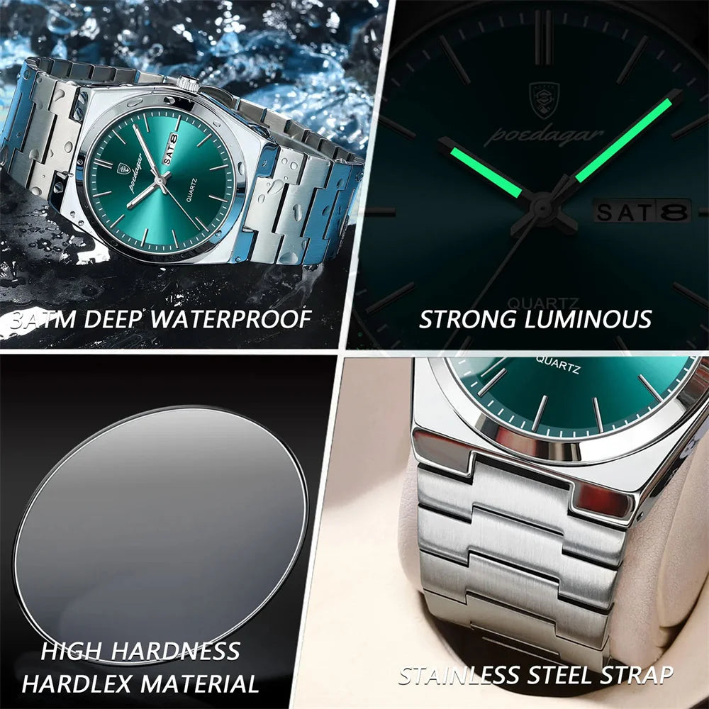 2026 Reloj de Cuarzo para Hombre, Deportivo, Resistente al Agua, Luminoso, con Fecha y Semana, Acero Inoxidable