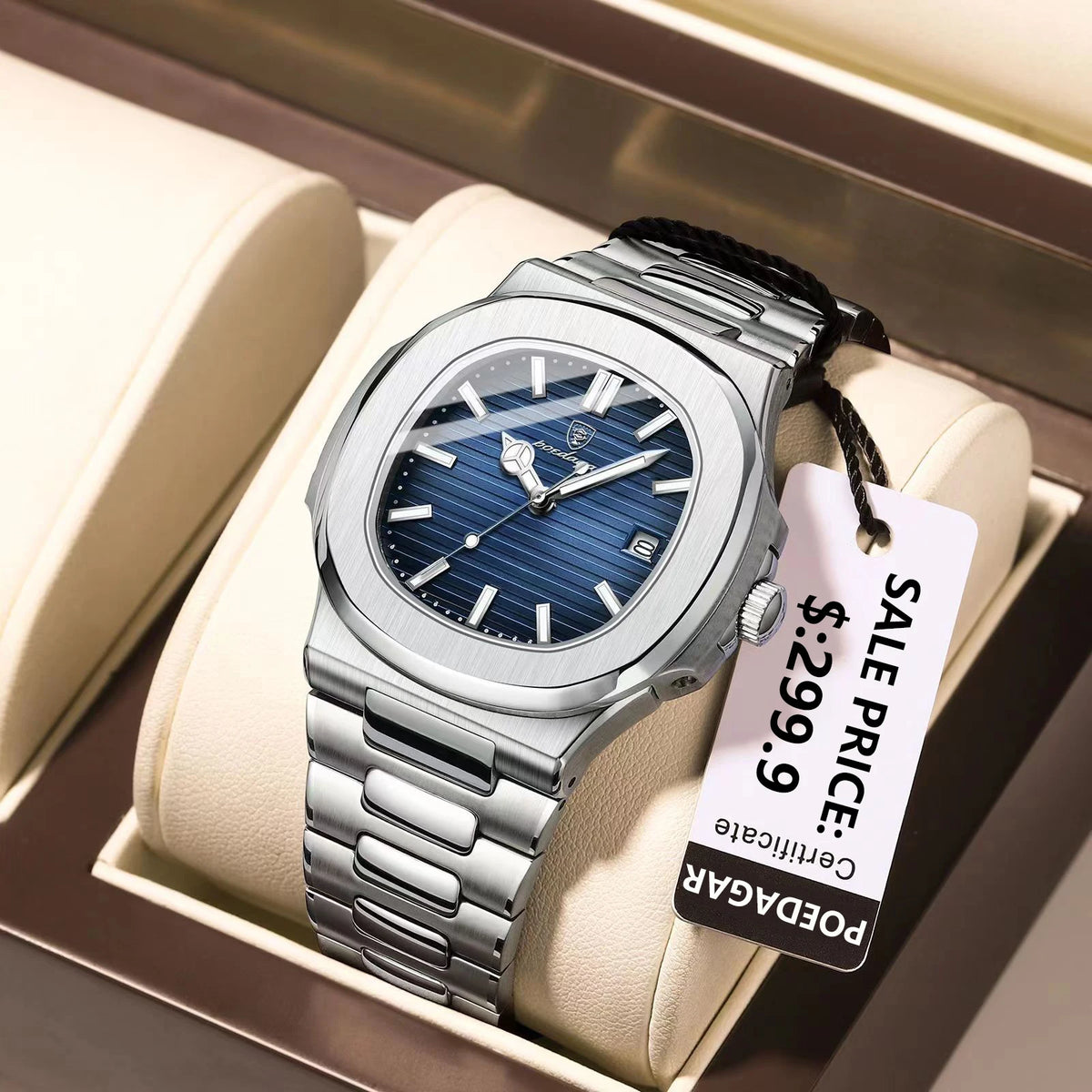 Reloj Masculino de Pulsera de Lujo Cuadrado Resistente al Agua, Luminoso, con Fecha.