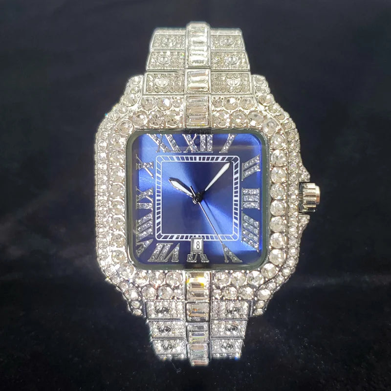 Reloj de Lujo con Diamantes para Hombre, Plateado,Resistente al Agua
