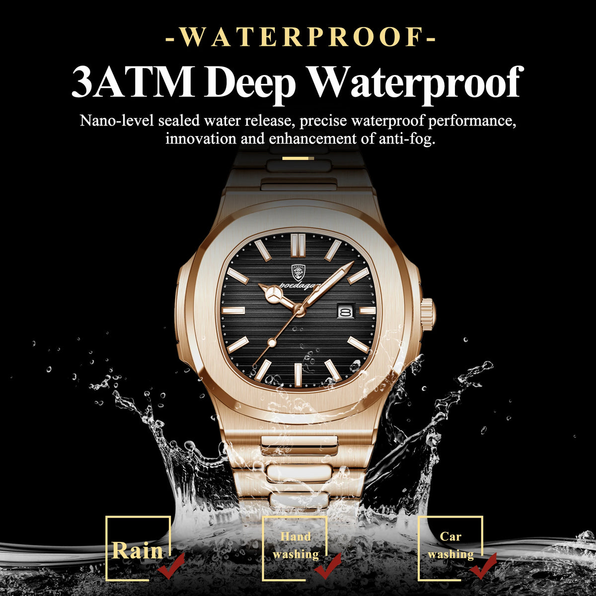 Reloj Cuadrado de Acero Inoxidable, Luminoso, Resistente al Agua