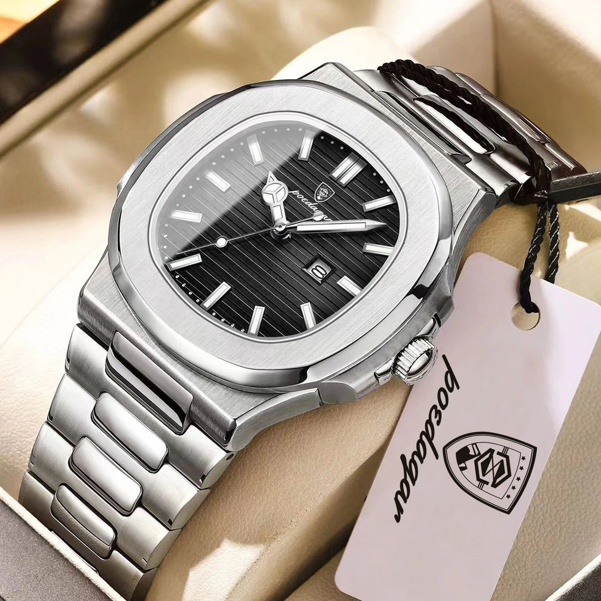 Reloj Cuadrado de Acero Inoxidable, Luminoso, Resistente al Agua