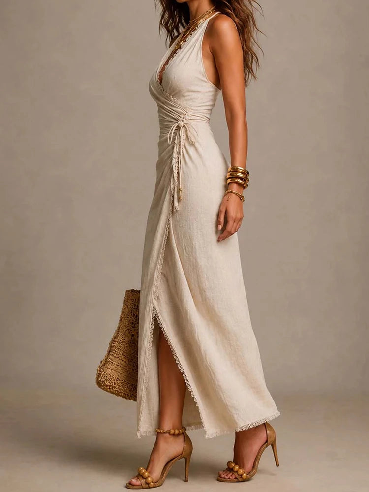 Vestido Sin Mangas con Escote en V Estilo Elegante Casual