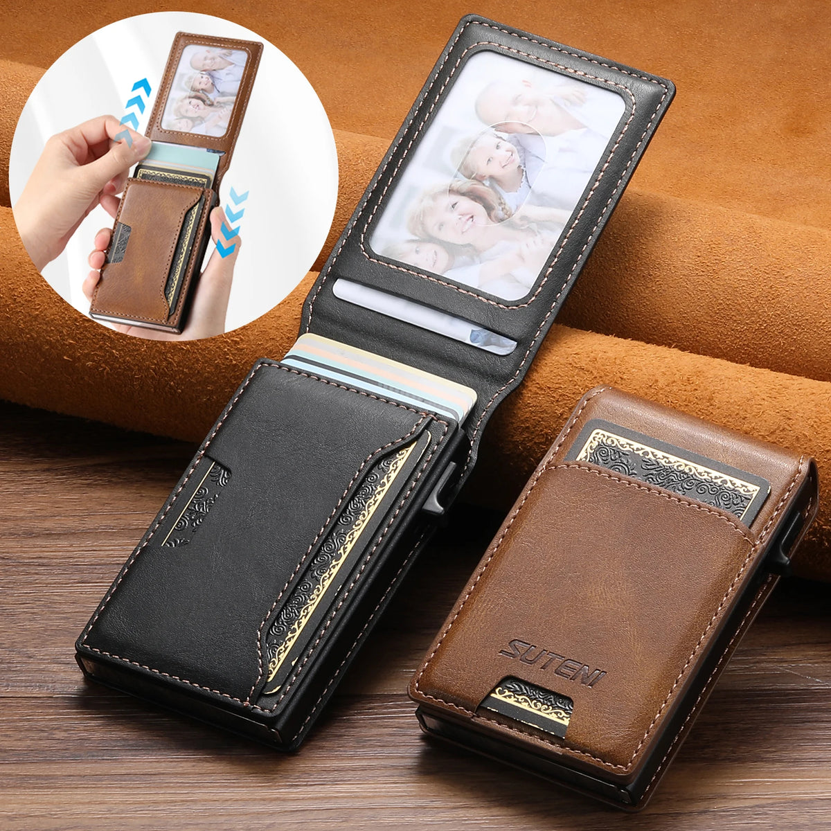 Cartera de Piel Sintética para Hombre con Ranura para Tarjetas y Expulsión Automática