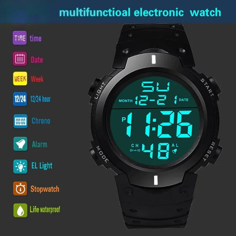 Reloj Digital LED Deportivo para Hombre – Multifuncional, Correa de Goma, Fitness, Cronómetro Electrónico