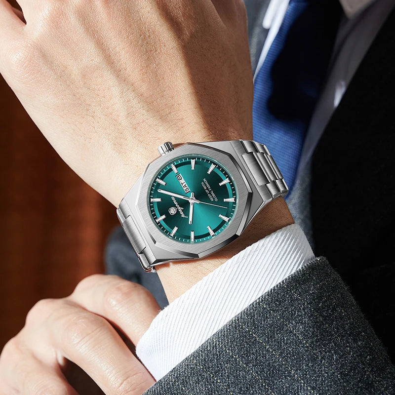 Reloj Acero Inoxidable, Luminoso, Fecha y Día, Resistente al Agua