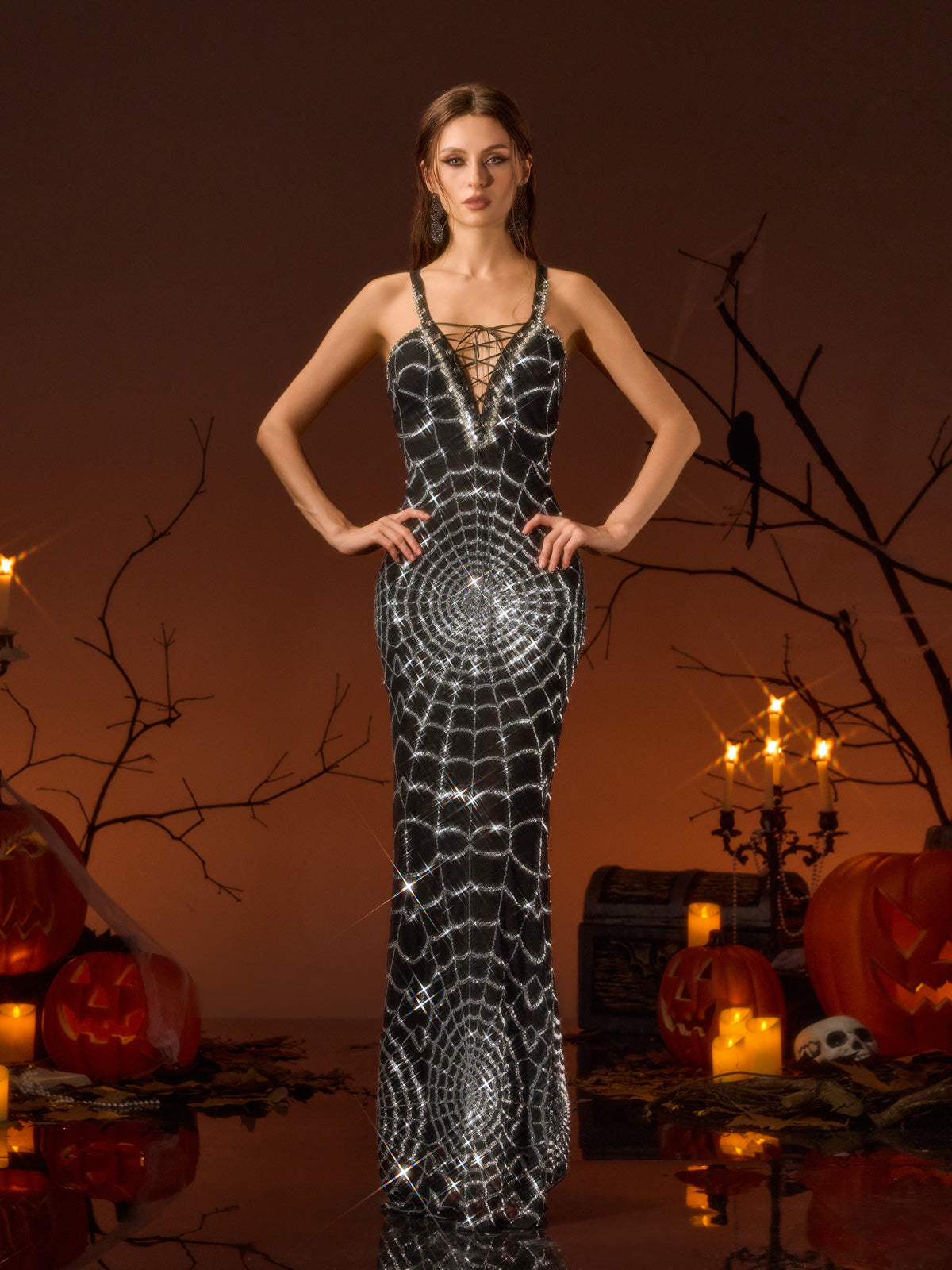 Uverna V Neck Cobweb Sequin Maxi Dress