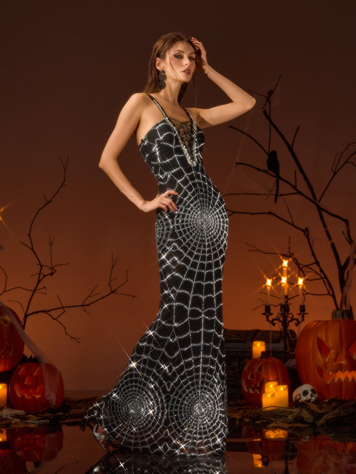 Uverna V Neck Cobweb Sequin Maxi Dress