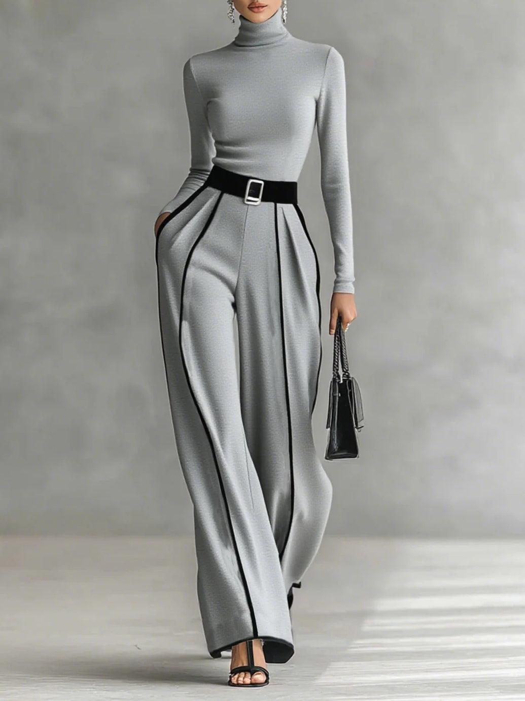 Conjunto: compuesto por un top de cuello alto y manga larga con ribete blanco, pantalones de pierna ancha y cinturón
