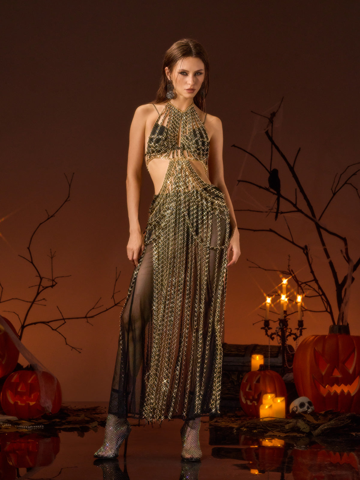 Yavelle Chain Fringe Cutout Maxi Dress