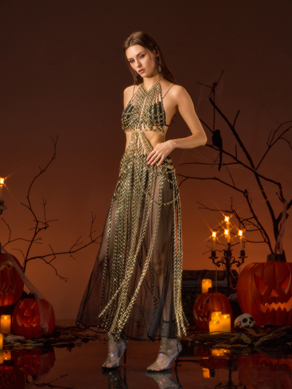 Yavelle Chain Fringe Cutout Maxi Dress
