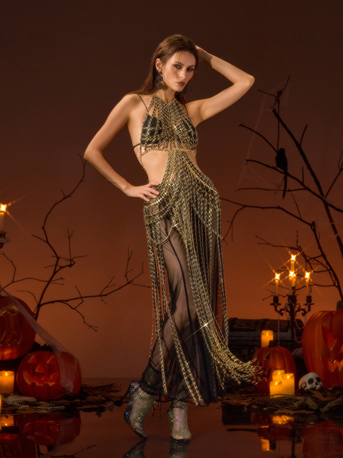 Yavelle Chain Fringe Cutout Maxi Dress