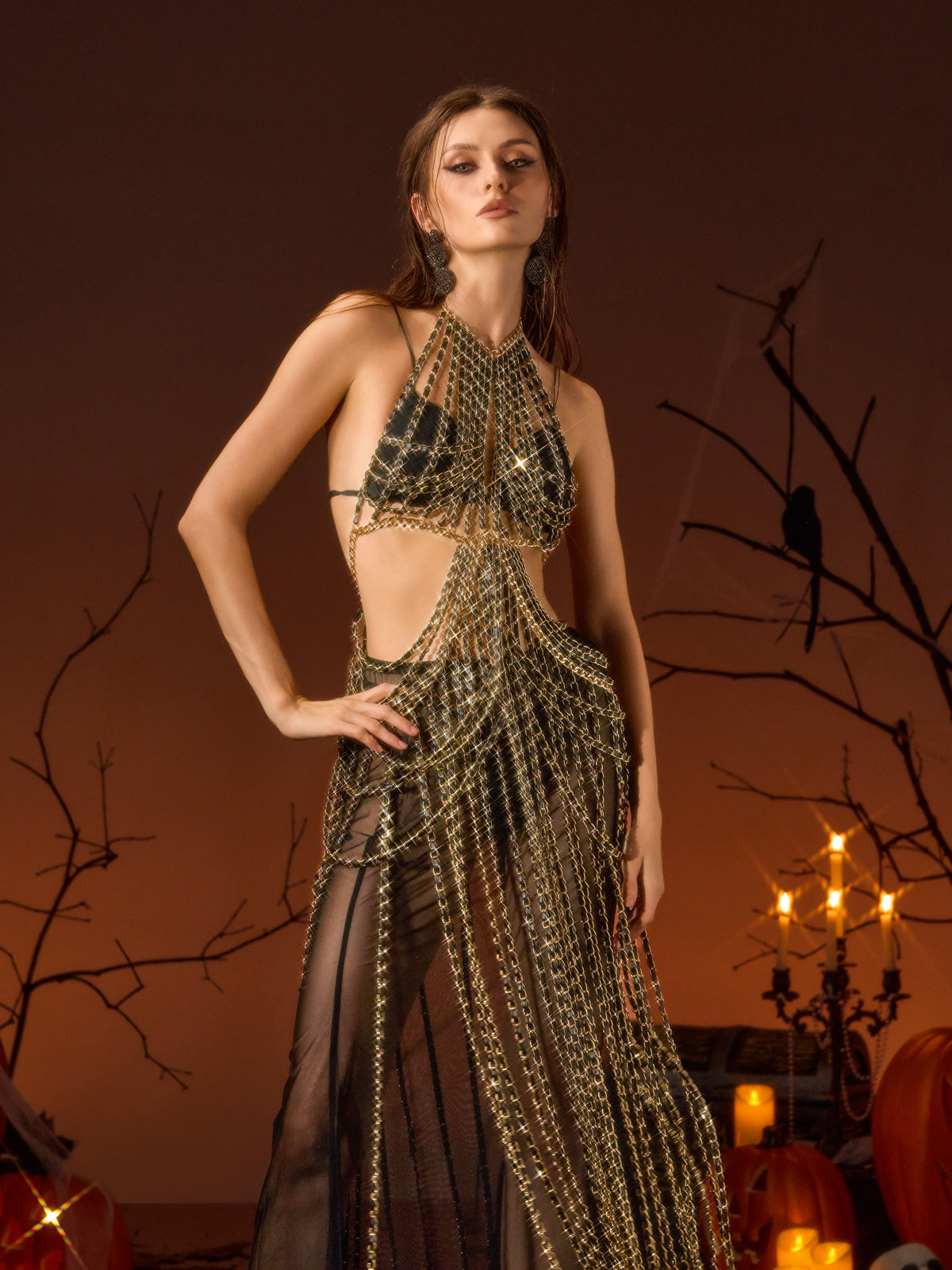 Yavelle Chain Fringe Cutout Maxi Dress